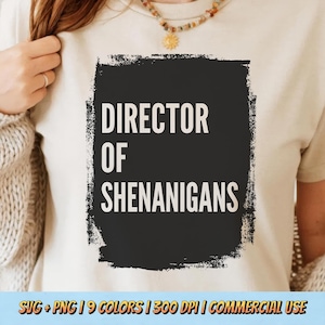 Könnte beinhalten: Beiges T-Shirt mit dem weißen Text "DIRECTOR OF SHENANIGANS" auf einem schwarzen, strukturierten Rechteck. Das T-Shirt wird getragen. Eine Halskette mit Sonnenanhänger ist sichtbar.