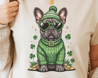 Lucky French Bulldog PNG - St Patrick&#39;s, Shamrock Frenchie Dog, Green Irish Puppy, Fun St Paddy&#39;s, Sublimation, Clipart, DTF, T-Shirt Design