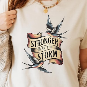 Stronger Than The Storm PNG - Tattoo Style, Swallow Bird Banner Sublimation, Vintage Clipart, Traditional Nautical DTF, Retro T-Shirt Design