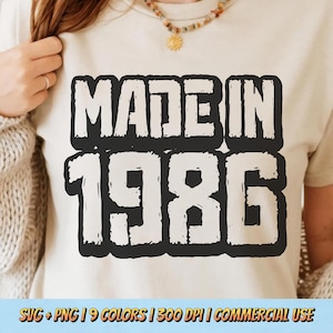 May include: A cream-colored t-shirt with the text "MADE IN 1986" in a bold, black, distressed font. The shirt is being worn by a person. The bottom of the image includes text about the image file type, color options, resolution, and commercial use.