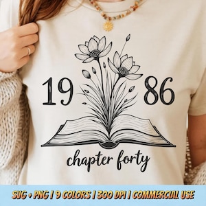 Capitolo quaranta del 1986 SVG PNG - Arte floreale del libro, traguardo del 40° compleanno di una donna, retro sublimazione floreale, maglietta retrò, design per maglietta