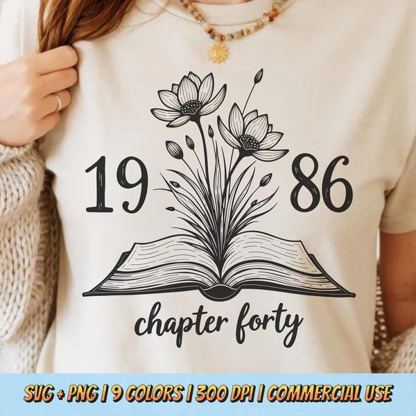 1986年 第40章 SVG PNG - 花のブックアート、40歳の誕生日の女性の節目となるレトロな花柄昇華クリップアート、レトロなTシャツTシャツデザイン