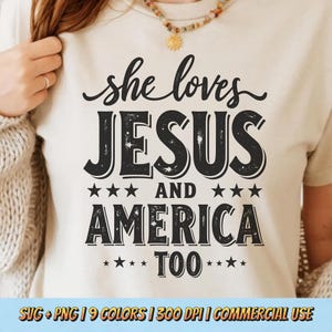 She Loves Jesus And America Too T-Shirt Design PNG SVG - Christian Patriotic Quote Faith Retro Digital Art Sublimation Religious Tee Graphic