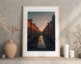 Descarga digital de Hamburgo Póster de Hamburgo Puesta de sol en el puerto de Speicherstadt Decoración de pared con fotos de Hamburgo Descarga digital