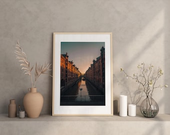 Póster de Hamburgo, Speicherstadt, puerto, atardecer, Hamburgo, foto, decoración de pared