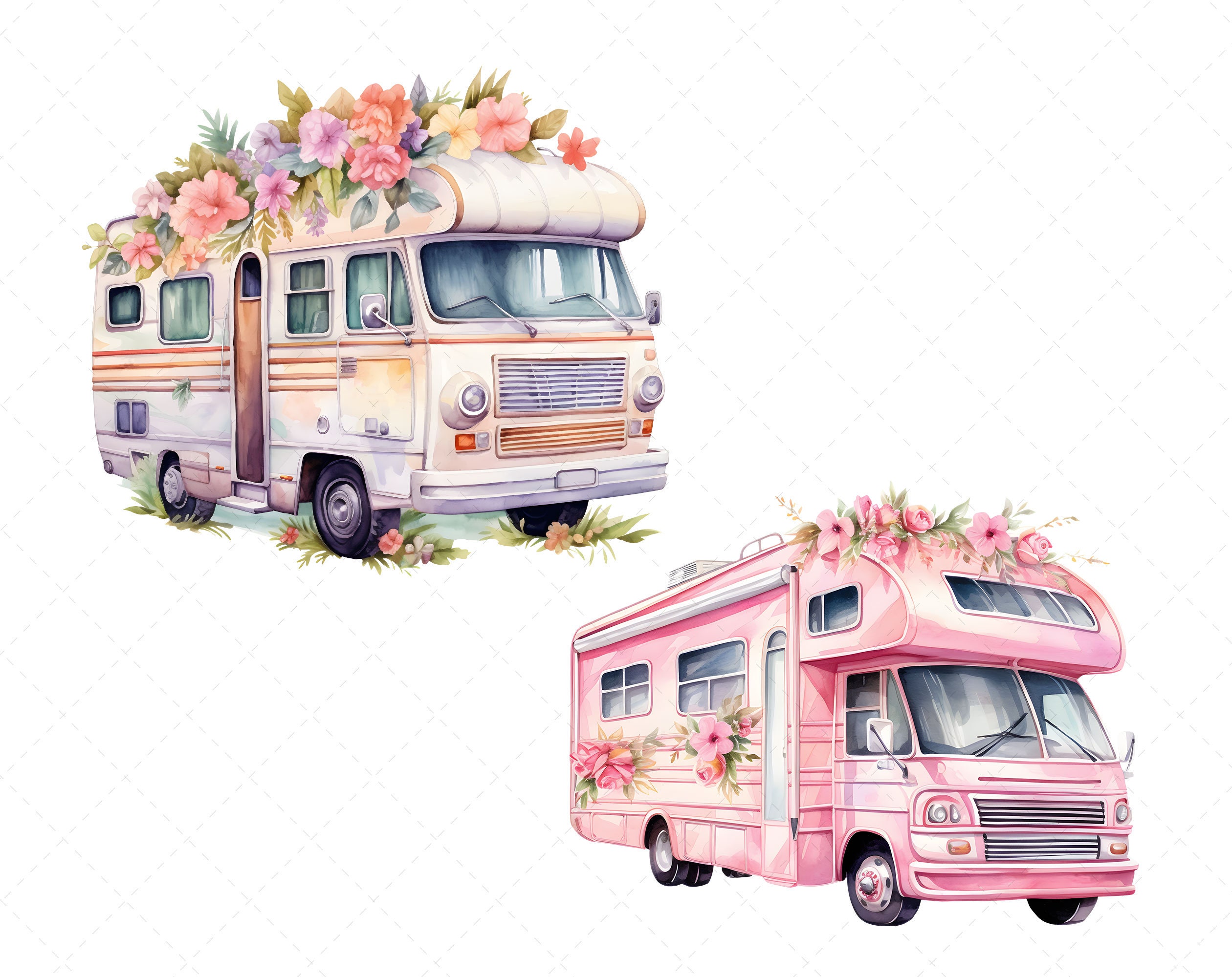 Floral Motorhome RV Retro Clipart Bundle, Vintage Pastel Camper ...