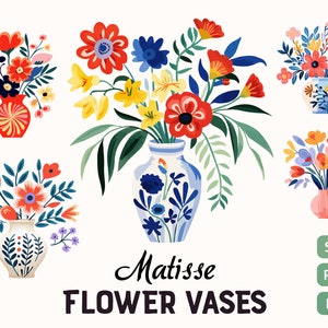May include: Five colorful flower arrangements in different styles of vases. The vases are decorated with floral patterns and the flowers are in shades of red, yellow, blue, pink, and orange.