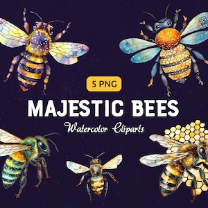 May include: Five watercolour illustrations of bees with different colours and patterns. The bees are depicted with wings, legs, and antennae. The illustrations are set against a dark blue background with a white text overlay that reads "Majestic Bees Watercolor Clipart".