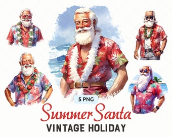 Summer Santa Claus Clipart PNG, Christmas in July Clipart bundle, Tropical Christmas Sublimation graphics, Commercial use, Instant download
