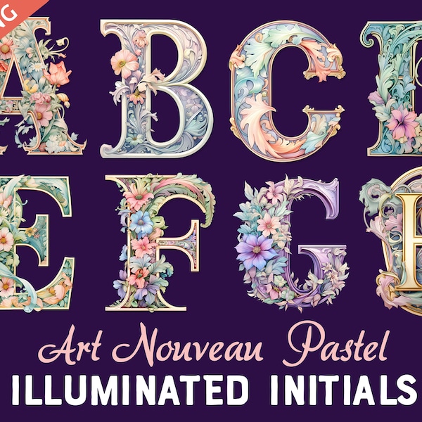 Initiales illuminées Art Nouveau Pastel Clipart, Alphabet anglais complet aquarelle, lettres PNG transparentes, utilisation commerciale, téléchargement immédiat