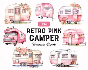 Rosa Camper Vintage Clipart Bundle, Retro Blumen Camping Anhänger Aquarell PNG, Rose Camping, sofortiger digitaler Download, kommerzielle Nutzung