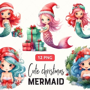 Weihnachten Meerjungfrau Clipart PNG Bundle, süßes Mädchen im Weihnachtskranz, Chibi, Card Making Cliparts, kommerzielle Nutzung, Instant download