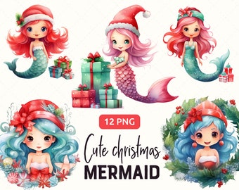 Christmas Mermaid Clipart PNG bundle, Cute Girl in Christmas Wreath, Chibi, Card Making cliparts,  Commercial use, Instant download