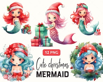 Christmas Mermaid Clipart PNG bundle, Cute Girl in Christmas Wreath, Chibi, Card Making cliparts,  Commercial use, Instant download