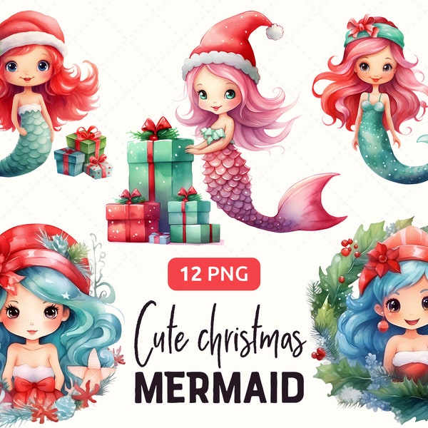 Christmas Mermaid Clipart PNG bundle, Cute Girl in Christmas Wreath, Chibi, Card Making cliparts,  Commercial use, Instant download