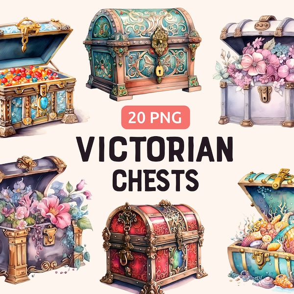 20 Watercolor Victorian Antique Chests Cliparts PNG, Floral Treasure Chests PNG, Instant Digital Download, Commercial Use, Scrapbook Kit