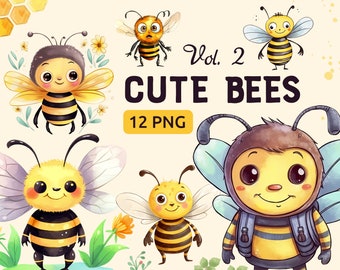 Cute Bees Watercolor Clipart Pack Vol 2, honey bee clipart png, baby bee clip art, cute bee png, Summer, commercial use, Instant download