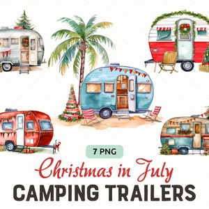 Paquete PNG de imágenes prediseñadas de Navidad de Camper, imágenes prediseñadas de Navidad en julio, remolques de camping Navidad de verano, uso comercial, descarga instantánea