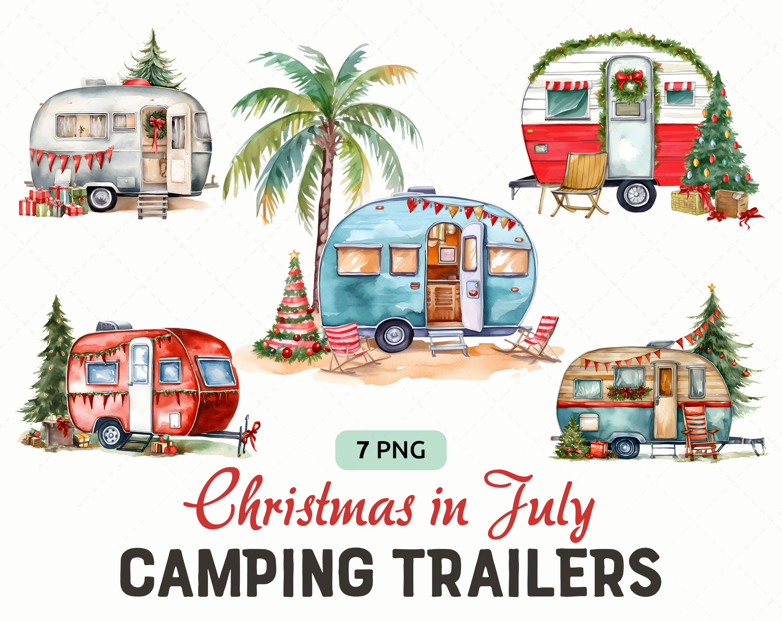 Camper's Christmas Clipart PNG bundle, Christmas in July Clipart, Camping Trailers Summer Christmas, Commercial use, Instant download