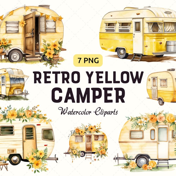 Yellow Campers Vintage Clipart Bundle, Retro Sunflowers Camping Trailer Watercolor PNG, Instant Digital Download, Commercial Use