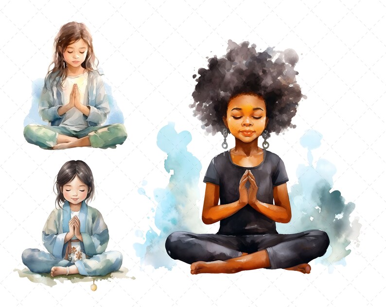 Puede incluir: Tres ilustraciones de acuarela de ni&ntilde;as meditando en diferentes poses. La primera ni&ntilde;a tiene el pelo largo y casta&ntilde;o y lleva una camisa azul y pantalones verdes. La segunda ni&ntilde;a tiene el pelo largo y negro y lleva una t&uacute;nica azul. La tercera ni&ntilde;a tiene el pelo negro rizado y lleva una camiseta negra y pantalones negros.