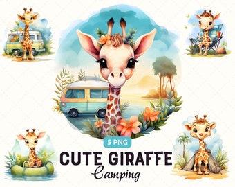 Cute Baby Giraffe Camping Watercolor Clipart PNG Bundle, Safari Animals Printable Wall Art, Instant Digital Download, Commercial Use