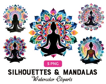 Mandala Meditation Clipart: Boho Zen Watercolor Silhouettes (PNG Digital File)