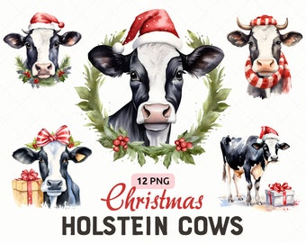 Christmas Holstein Cow Clipart PNG bundle, Cows with Christmas hats PNG, Card making, Xmas Farm Clipart, Commercial use, Instant download