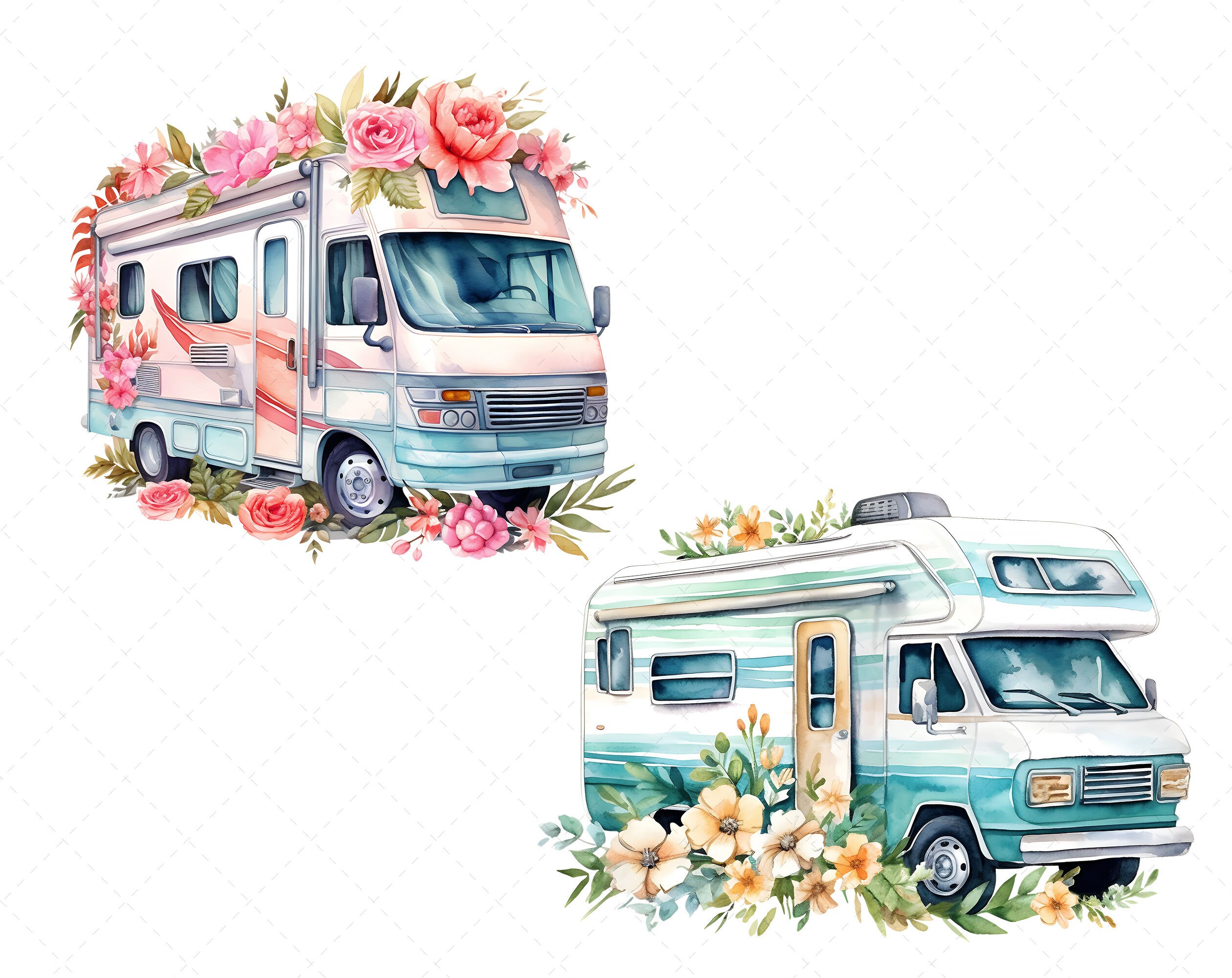 Floral Motorhome RV Retro Clipart Bundle, Vintage Pastel Camper ...