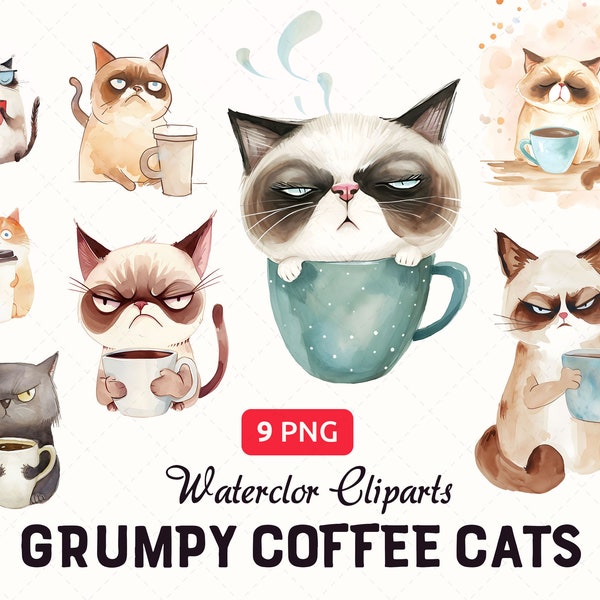 Funny Grumpy Cat Clipart, Minimalistic and Cute Watercolor Coffee Cats PNG, 9 High Quality 300DPI Images, Commercial use, Instant download