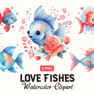 Love Fish Watercolor Clipart Bundle, Valentine's Day adorable Fishes PNG, Fish and cute hearts, Crafts, Sublimation, Instant download