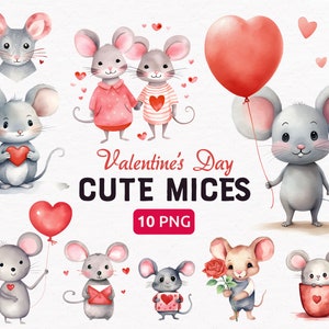 Lindo paquete de imágenes prediseñadas de acuarela de ratones de San Valentín, PNG de ratón de San Valentín, Scrapbooking, Invitaciones, Manualidades, Sublimación, Descarga instantánea