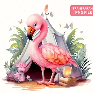 Cute Baby Flamingo Camping Tent Acquerello Clipart Png, Boho Flamingo Nursery decor, Download digitale istantaneo, Uso commerciale
