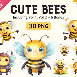 Puede incluir: Un conjunto de 30 ilustraciones digitales de abejas de dibujos animados lindas en varias poses. Las abejas son amarillas y negras con ojos grandes y sonrisas. Las ilustraciones son perfectas para usar en libros para niños, tarjetas de felicitación u otros proyectos creativos.