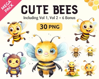 Dessin animé mignon abeille aquarelle Clipart MEGAPACK, miel abeille clipart png, clipart bébé abeille, décor de pépinière, utilisation commerciale, téléchargement immédiat