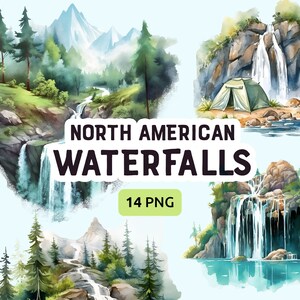 Watercolor Waterfall North American Forest Clipart PNG Bundle, Sublimation, Hiking t-shirt graphic, Zen, Commercial Use, Instant download