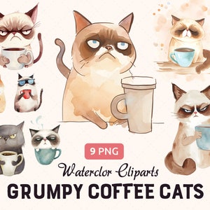 Clipart drôle de chat grincheux, aquarelle minimaliste et mignon chats de café PNG, 9 images 300 DPI de haute qualité, usage commercial, téléchargement immédiat