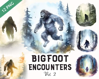 Bigfoot Encounters Watercolor Clipart Vol 2, Bigfoot transparent png files bundle, Sasquatch artwork, Commercial use, Instant download
