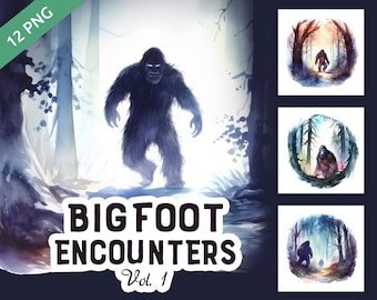 Bigfoot Encounters Watercolor Clipart Vol 1, Bigfoot transparent png files bundle, Sasquatch artwork, Commercial use, Instant download