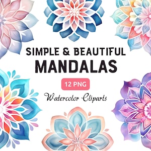 Beautiful Mandalas Watercolor Clipart Bundle, Minimalistic Mandala Transparent PNG, Mindfulness Wall Decor, Commercial Use, Instant Download