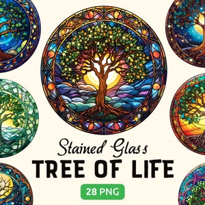 28 Stained Glass Tree of Life Clipart PNG Bundle, Watercolor Fantasy Celestial Tree Illustration, Commercial Use, Instant Digital Download