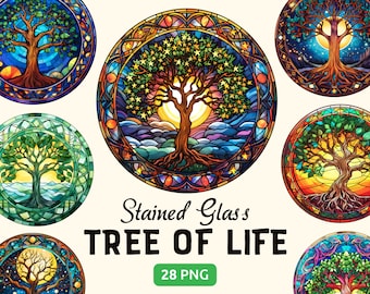28 Vidrieras Árbol de la Vida Clipart PNG Paquete, Acuarela Fantasía Árbol Celestial Ilustración, Uso Comercial, Descarga Digital Instantánea