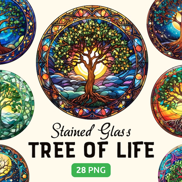 28 Stained Glass Tree of Life Clipart PNG Bundle, Watercolor Fantasy Celestial Tree Illustration, Commercial Use, Instant Digital Download