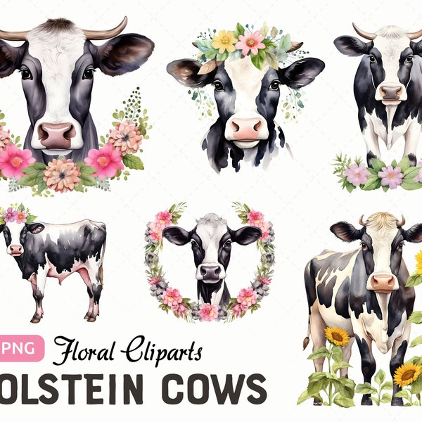 Holstein Cow Floral Clipart PNG bundle, Cows Transparent Sublimation, Card making, Farm decorative border, Commercial use, Instant download