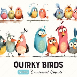 Imágenes prediseñadas de acuarela de pájaros divertidos y extravagantes, imágenes prediseñadas de pájaros extravagantes en una rama, sublimación, fabricación de tarjetas, descarga instantánea, uso comercial