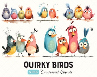 Funny Quirky Birds Watercolour Clipart, Whimsical Birds on a branch clip art, Sublimation, Card-Making, Instant Download, Commercial Use