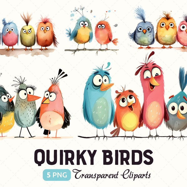 Funny Quirky Birds Watercolour Clipart, Whimsical Birds on a branch clip art, Sublimation, Card-Making, Instant Download, Commercial Use