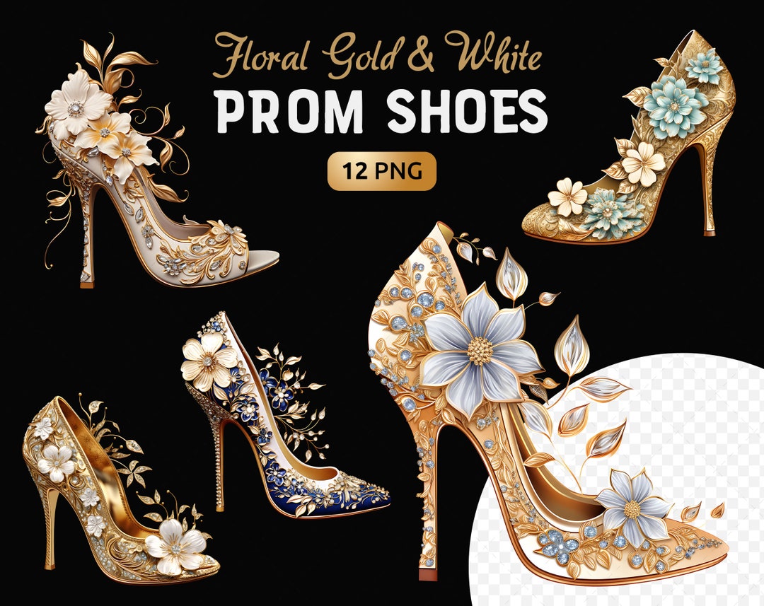 Floral Gold Prom Shoes Clipart: Luxury Heels Graphics (PNG, Digital ...