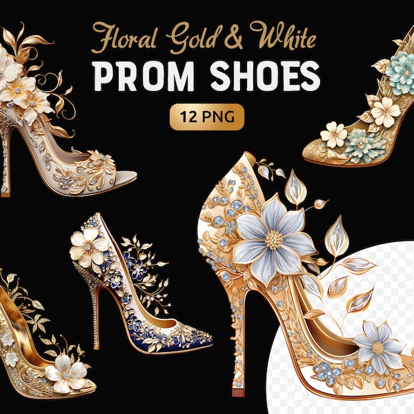 Gold Prom Wedding Shoes Floral Clipart Bundle, Transparent PNG, Luxury High Heels Graphics, Dress Shoes, Commercial use, Instant download