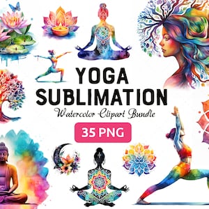 Op de afbeelding: Een set van 35 aquarel-clipart afbeeldingen met yoga-houdingen, mandala's en andere spirituele symbolen. De afbeeldingen zijn perfect om digitale of gedrukte ontwerpen te maken voor t-shirts, mokken, telefoonhoesjes en meer.